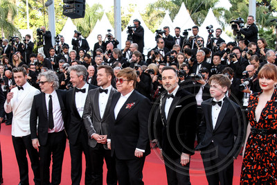 Elton John, Taron Egerton, David Furnish and cast